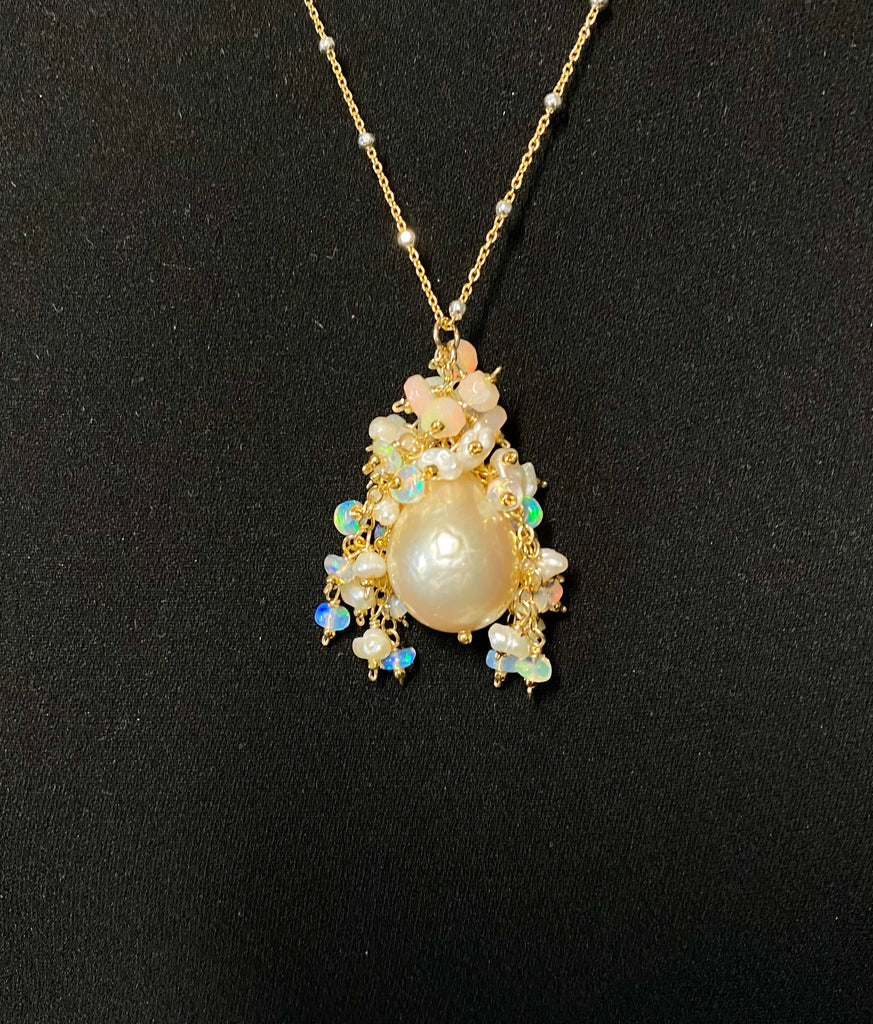 Golden Edison Baroque Pearl Opal Cluster Pendant in Gold Fill