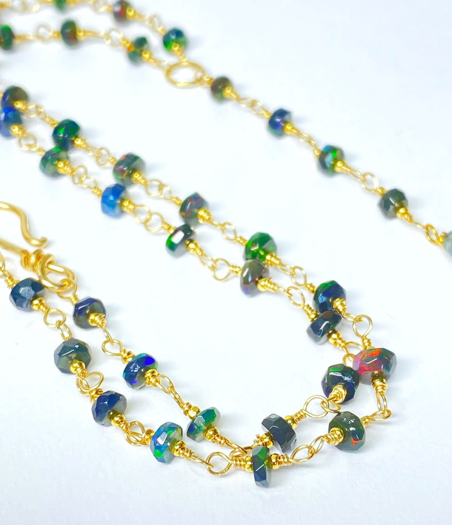 Tahitian Pearl, Black Ethiopian Opal Wire Wrap Y Necklace, Gold Fill