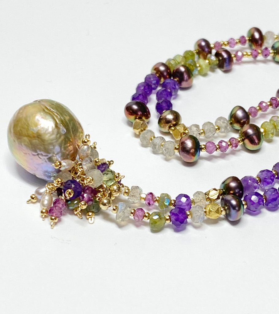 Exotic Mauve Pink Pond Slime Baroque Freshwater Pearl Pendant with Gemstone Necklace