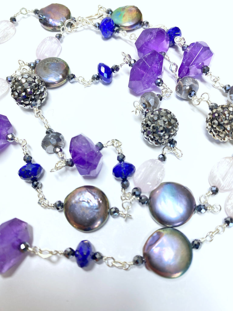 Long Blue Violet Necklace Amethyst Kunzite Coin Pearl Sterling Silver 2