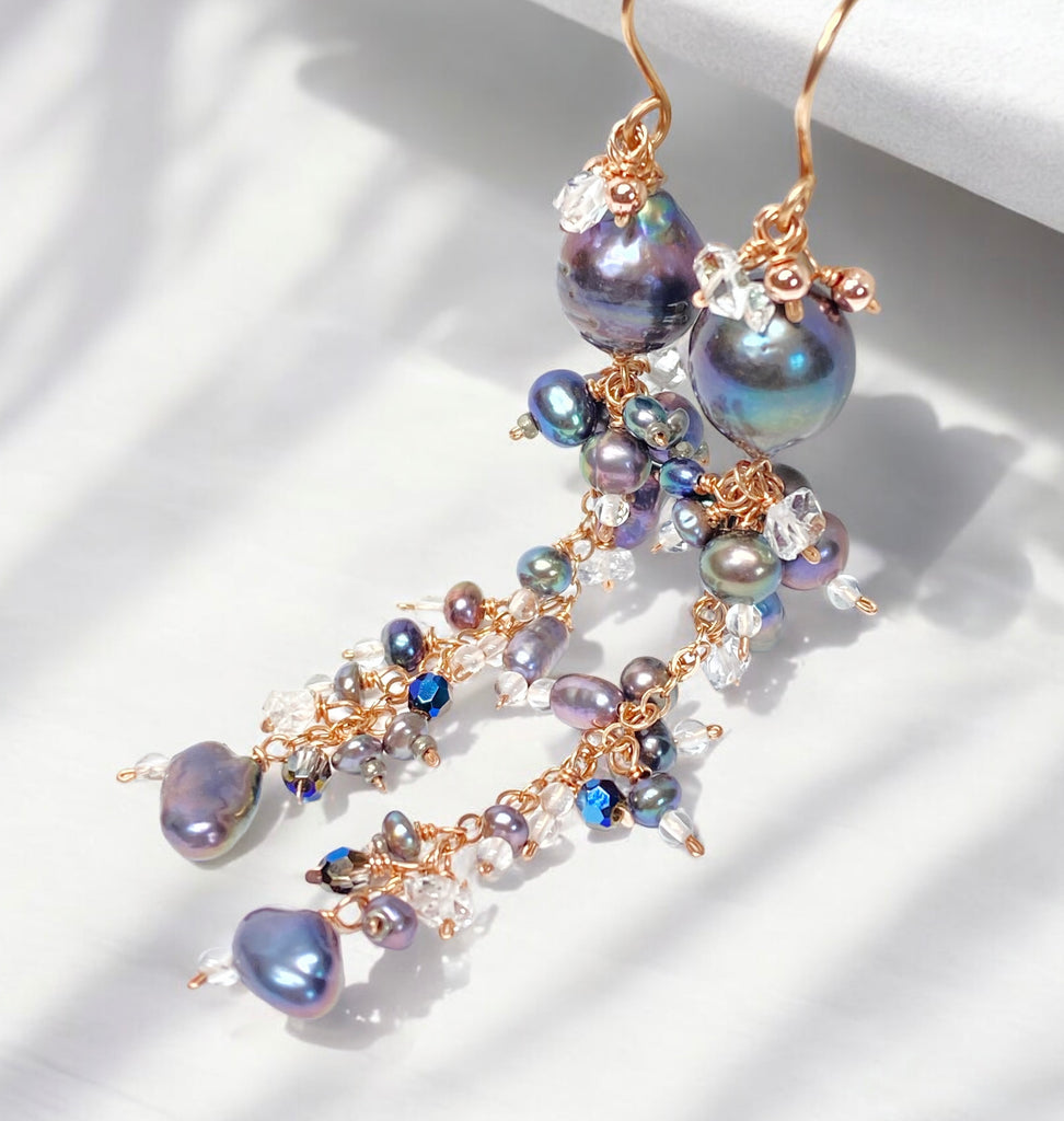 Black Peacock Pearl and Herkimer Crystal Dangle Earrings Rose Gold