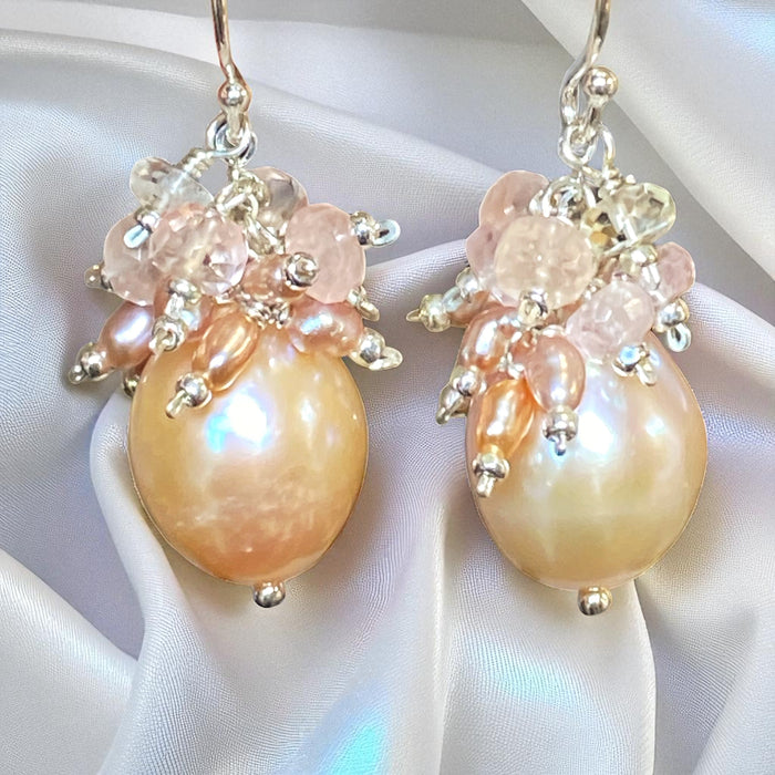 Pink Blush Pearl and Morganite Cluster Earrings Sterling Silver
