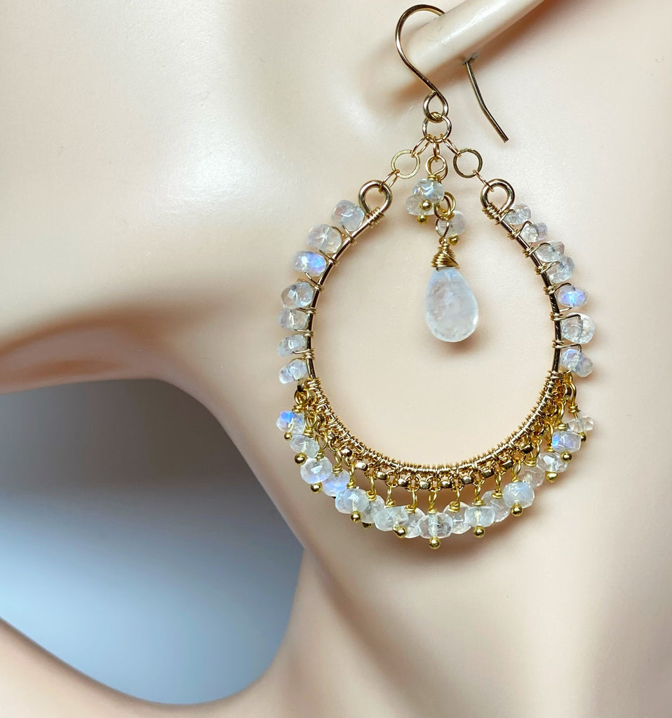 Rainbow Moonstone Gold Hoop Chandelier Earrings 3