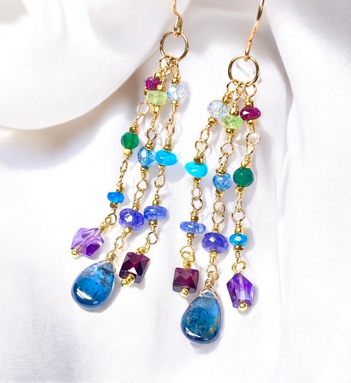 Teal Kyanite, Multi Gemstone Gold Fill Long Dangle Earrings