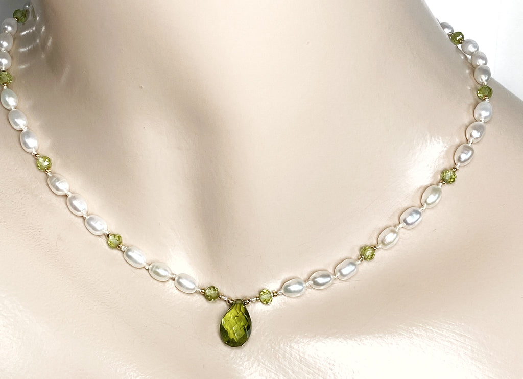 Peridot Gemstone and Pearl Pendant Necklace on 14 kt Gold Fill