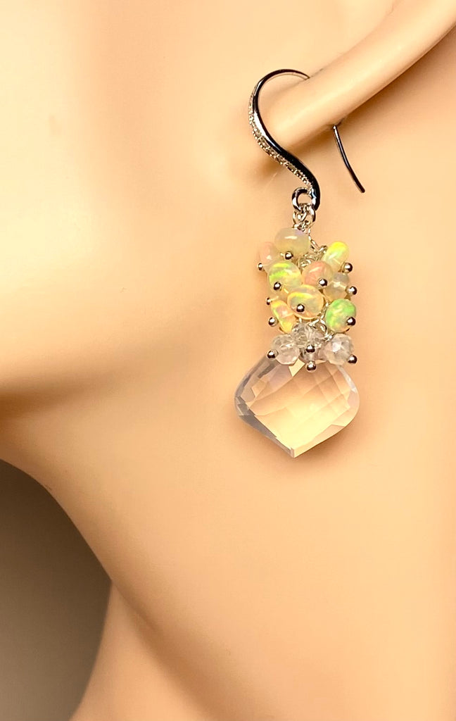 Opal Cluster Crystal Quartz Leverback Earrings