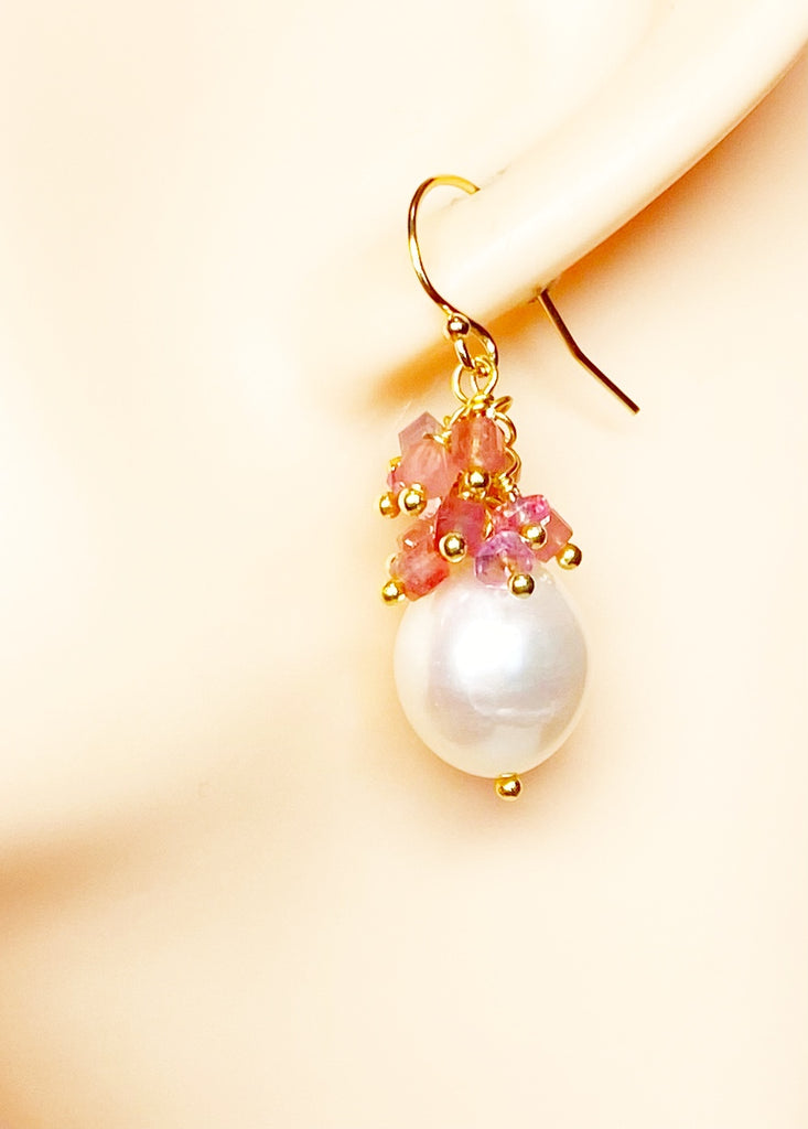 Pearl Cluster Earrings with Pink Tourmaline, Pink Topaz, Gold Fill or Sterling Silver