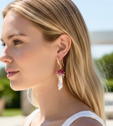 Biwa Pearl Dangle Earrings, Pink Red Ruby Clusters Sterling Silver