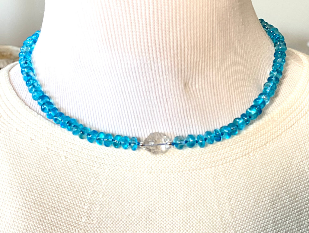 Teal Blue Topaz Gemstone Silk Knot Necklace Sterling Silver
