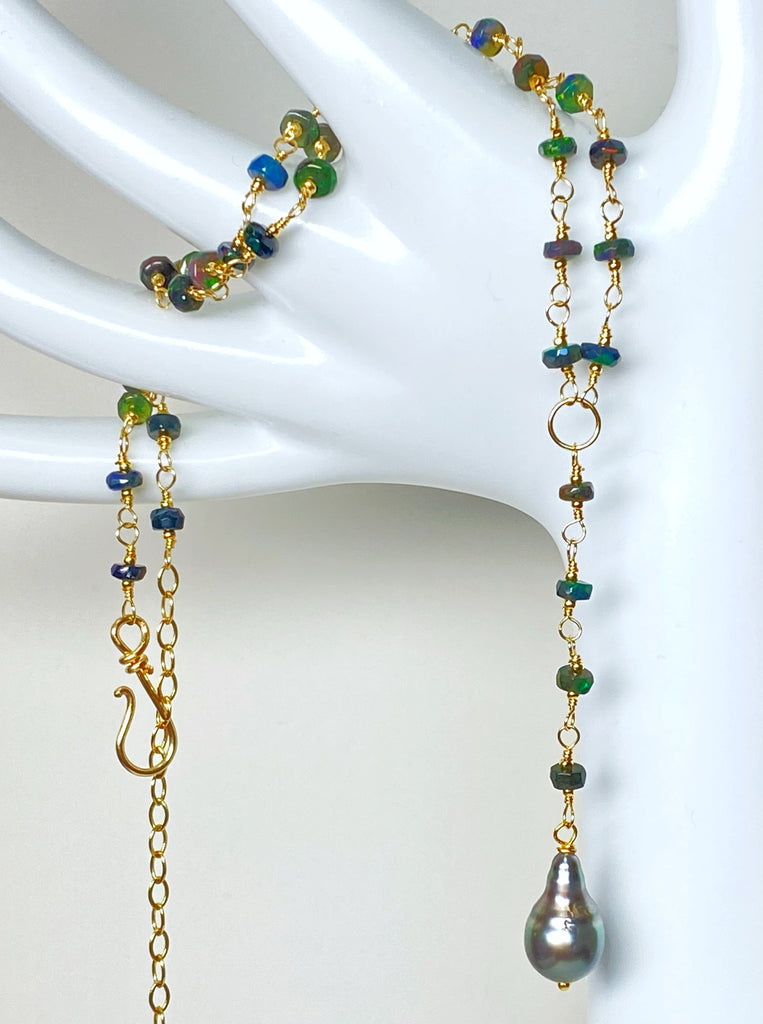 Tahitian Pearl, Black Ethiopian Opal Wire Wrap Y Necklace, Gold Fill