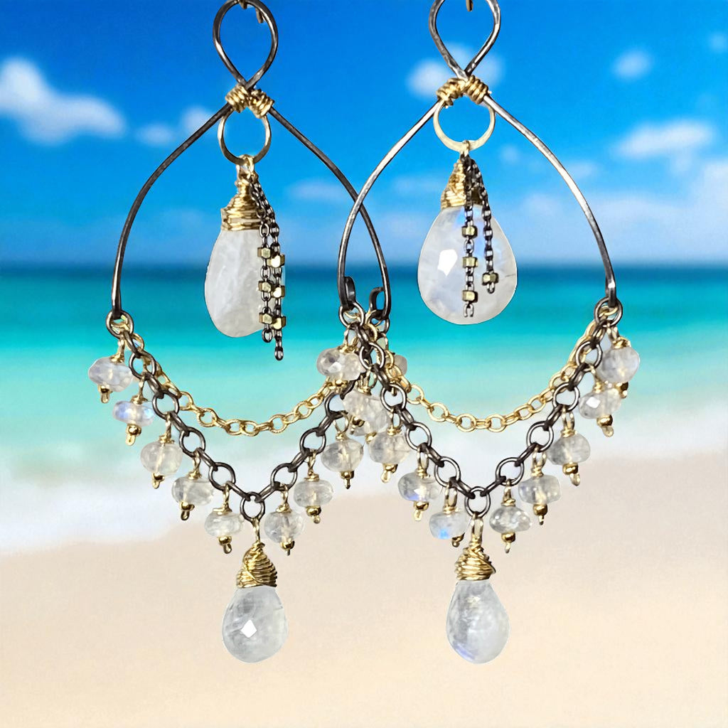 Rainbow Moonstone Mixed Metal Chandelier Earrings Beaded Statement Earrings