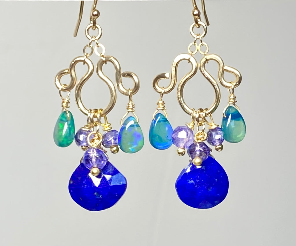 Blue Lapis, Blue Opal Chandelier Earrings Gold Fill