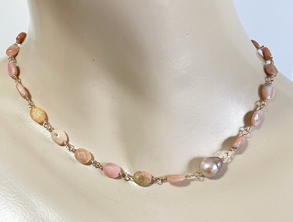 Pink Peruvian Opal, Pearl and Rose Gold Wire Wrapped Necklace
