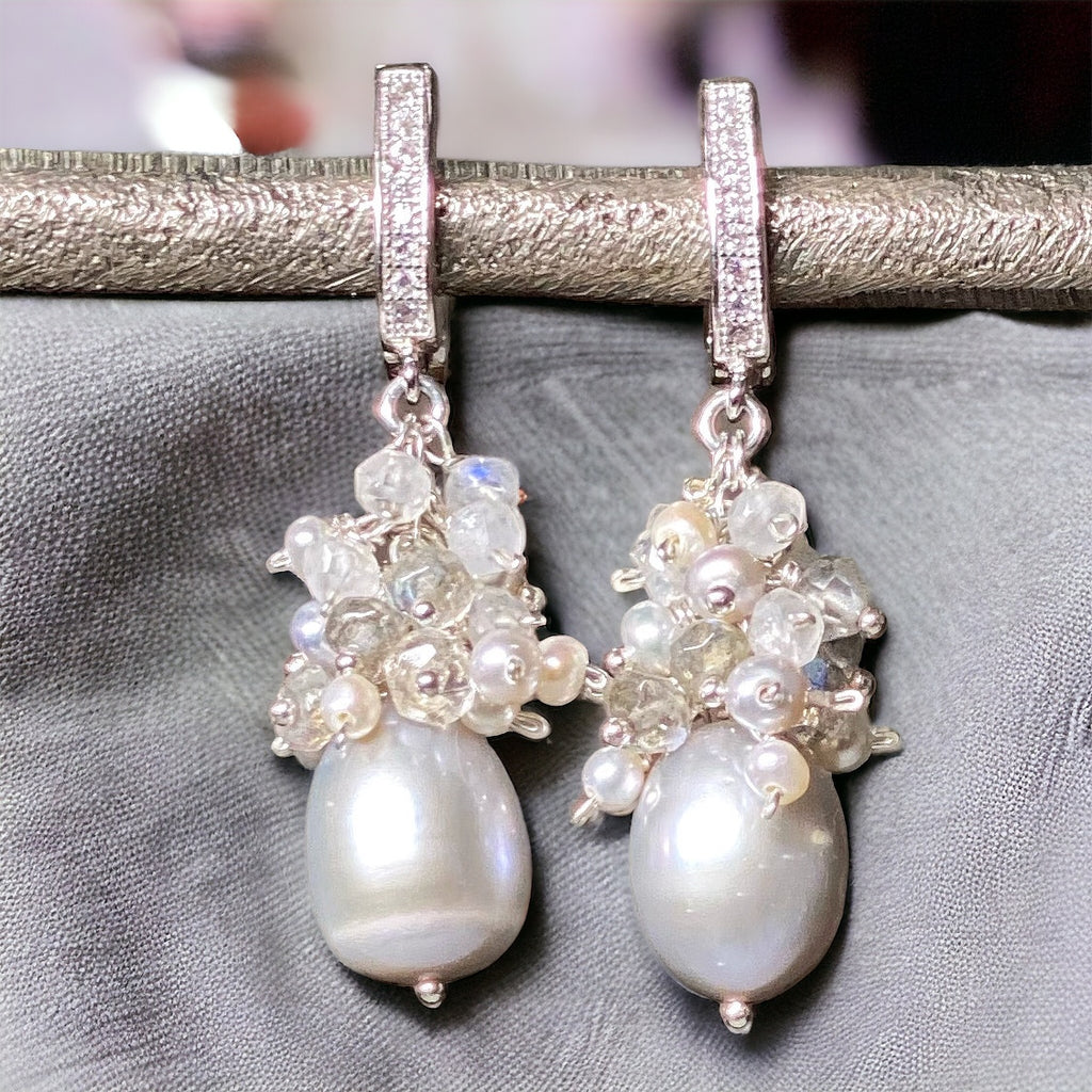 Gray Pearl Labradorite Cluster Earrings Sterling Silver