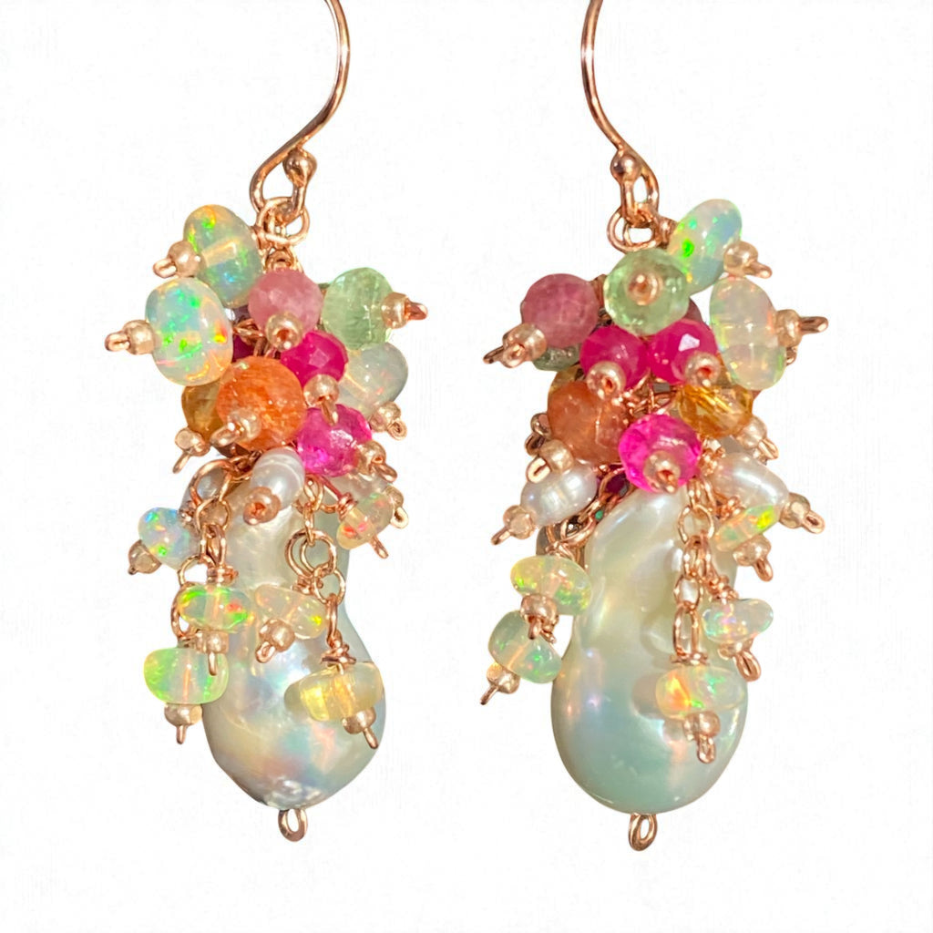 White Flameball Pearl Multicolor Gemstone Cluster Earrings Rose Gold Fill