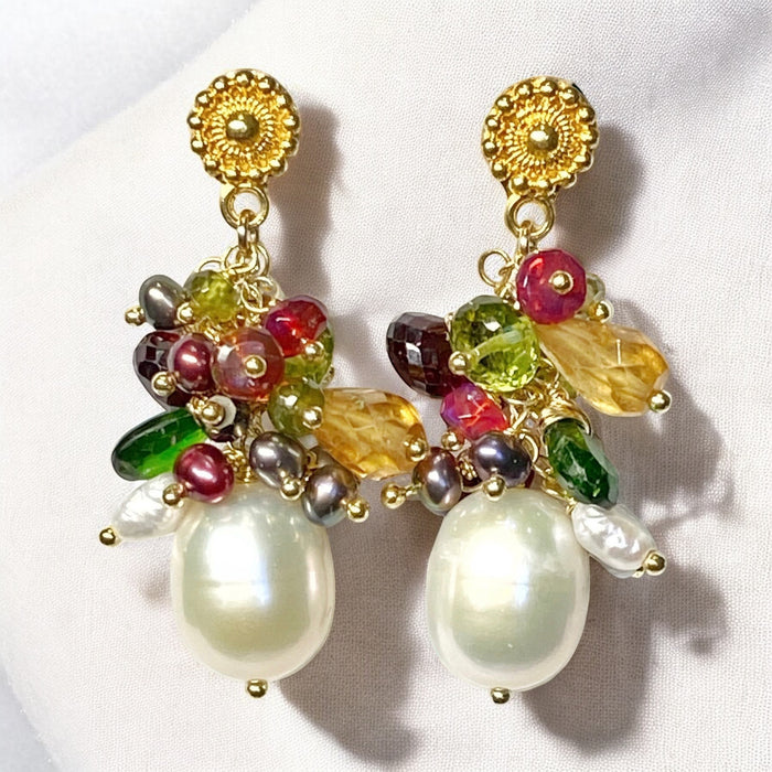 Multi-color Gemstone and Pearl Cluster Gold Post Earrings