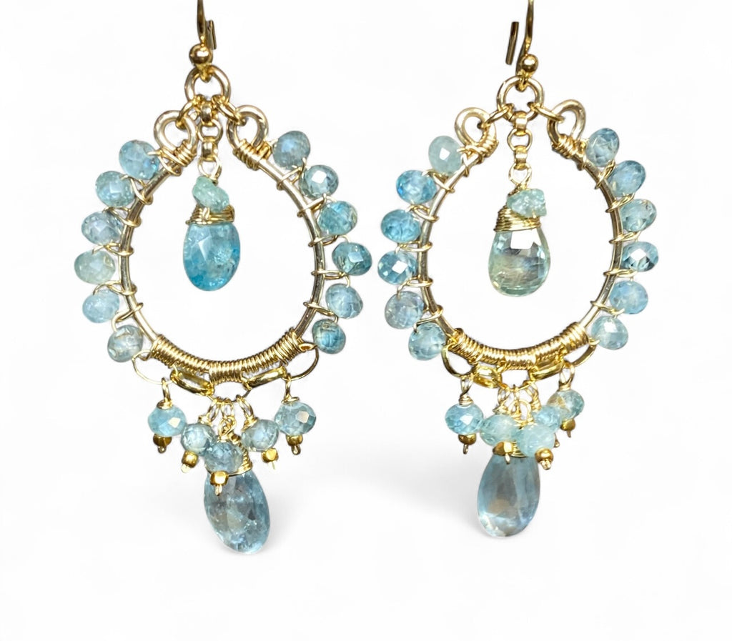 Natural Blue Zircon, Aquamarine Gemstone Chandelier Hoop Earrings Gold Fill