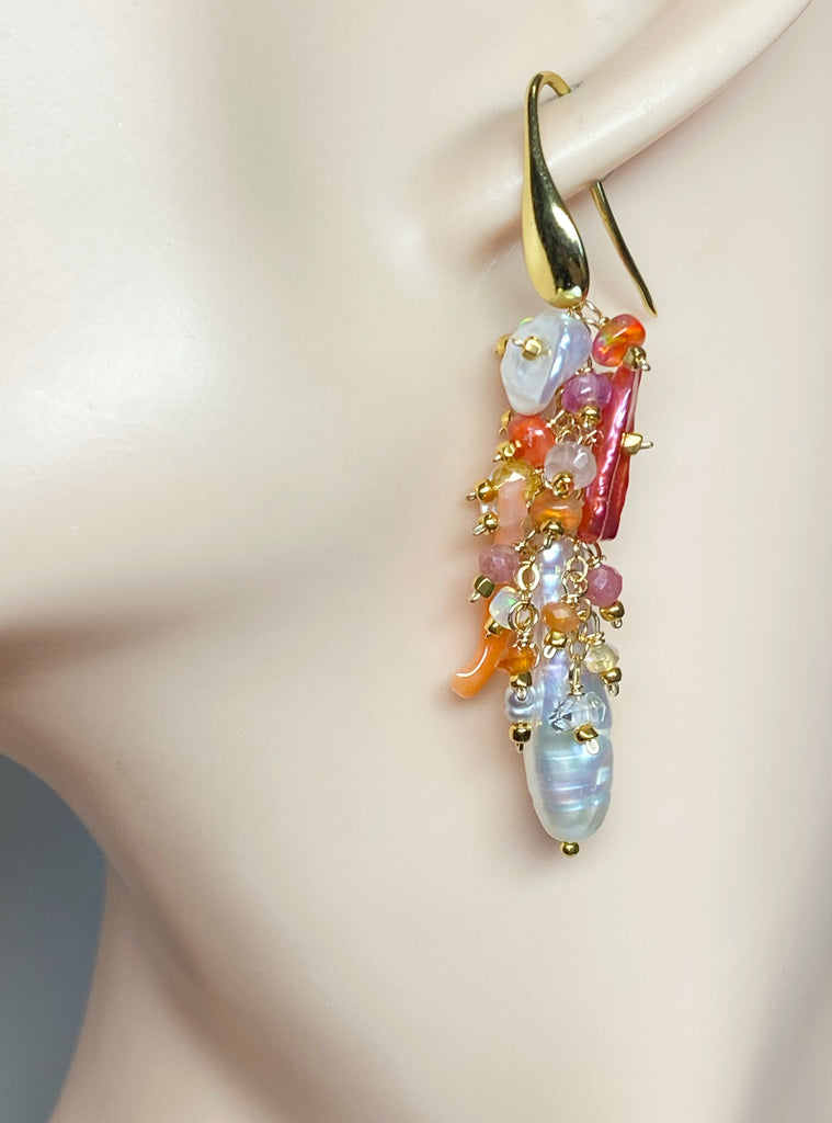 White Biwa Pearl and Coral, Hot Pink Gem Cluster Earrings Gold Fill