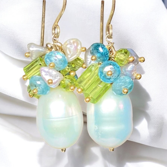 Pearl Peridot Crystal, Blue Zircon, Gray Keishi Pearl Cluster Earrings