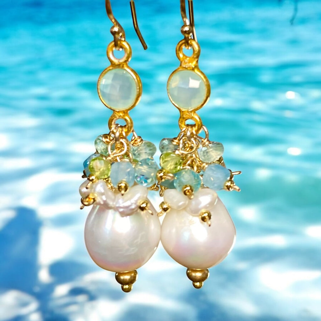 Pearl Cluster Earrings with Peridot, Aquamarine, Apatite in Gold