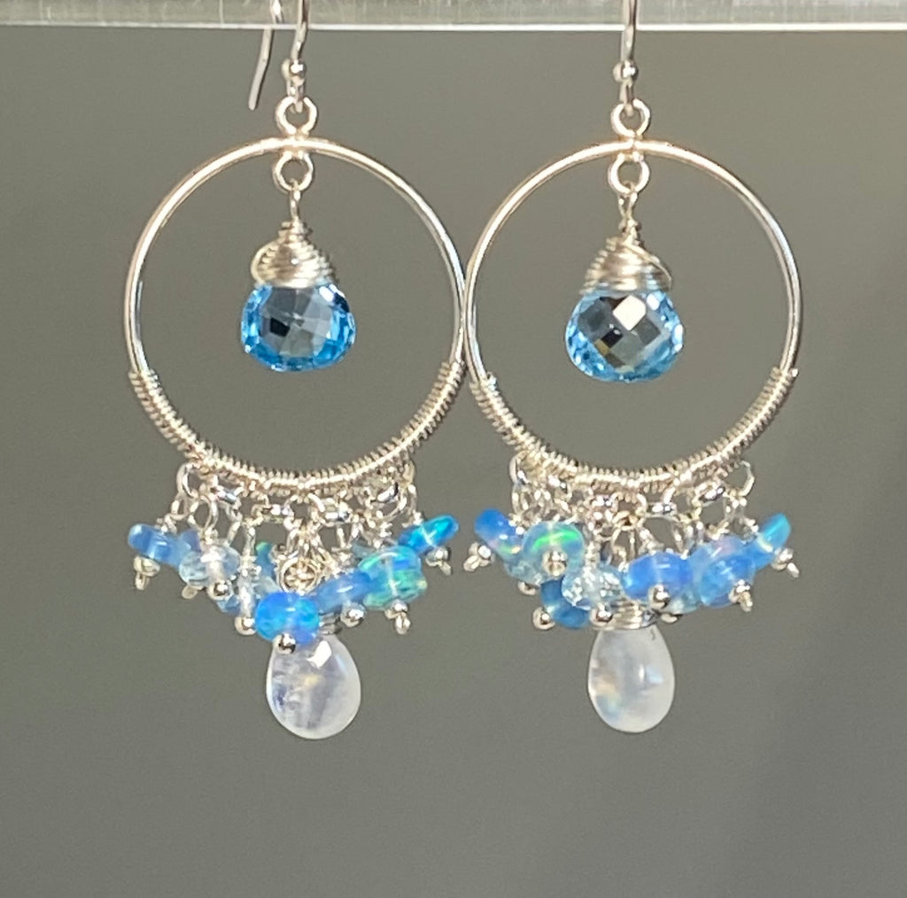 Blue Topaz, Opal, Chandelier Hoop Earrings Sterling Silver
