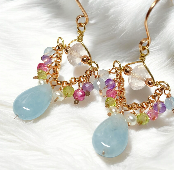 Regina aquamarine rose quartz amethyst freshwater pearl cluster earrings baby pink blue gemstone gold fill women retailer gift pastel spring jewelry