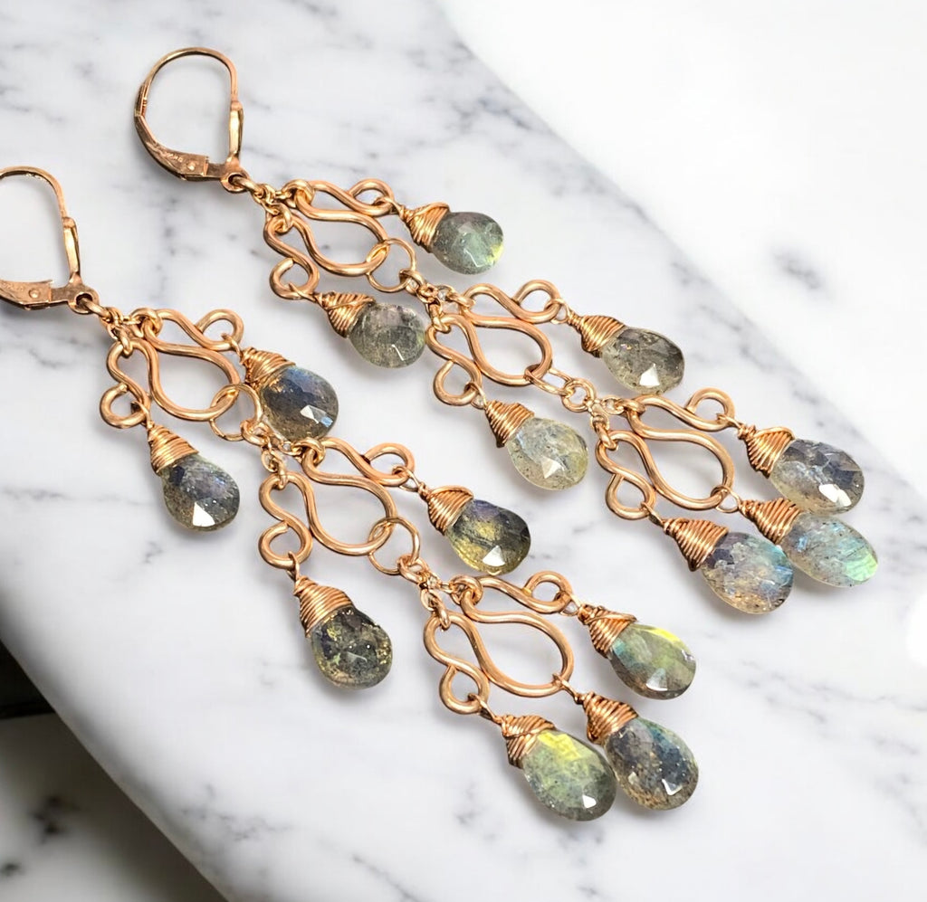 Long Labradorite Chandelier Earrings Rose Gold