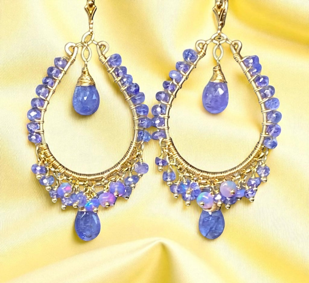 Tanzanite and Opal Hoop Earrings in Gold Fill