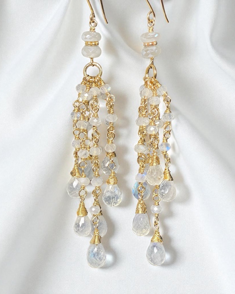 Rainbow Moonstone Tassel Earrings Gold