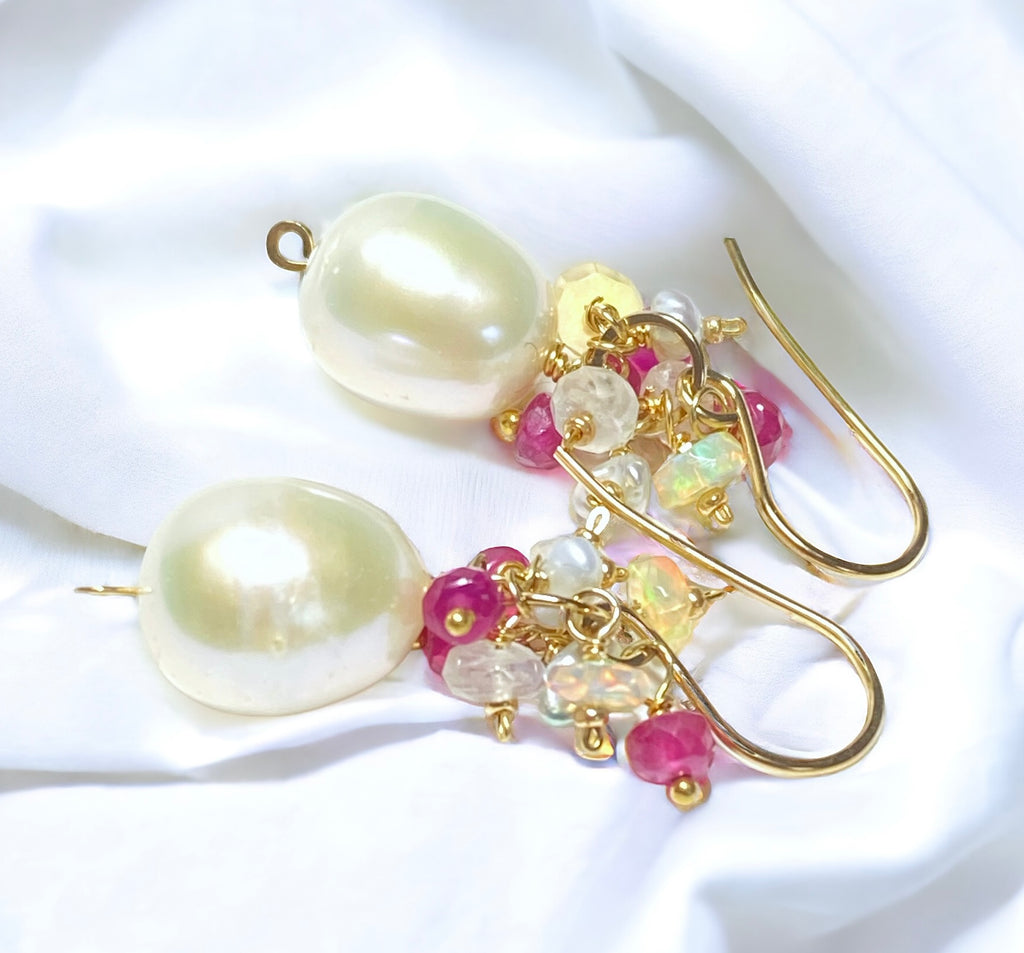 Pearl Earrings with Ruby, Opal, Keishi Pearl Clusters, Gold Fill