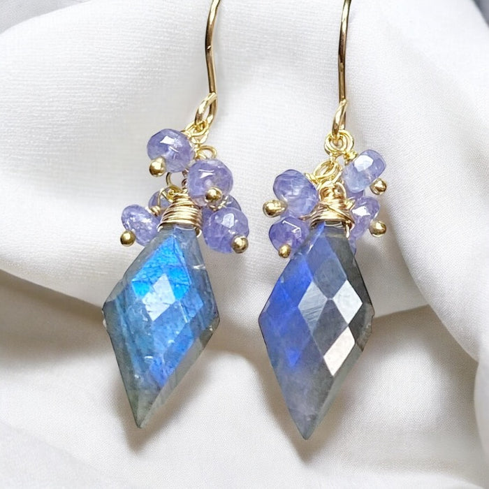 Blue Labradorite Fancy Cut Gem Earrings with Tanzanite Clusters: Gold Fill or Sterling Silver