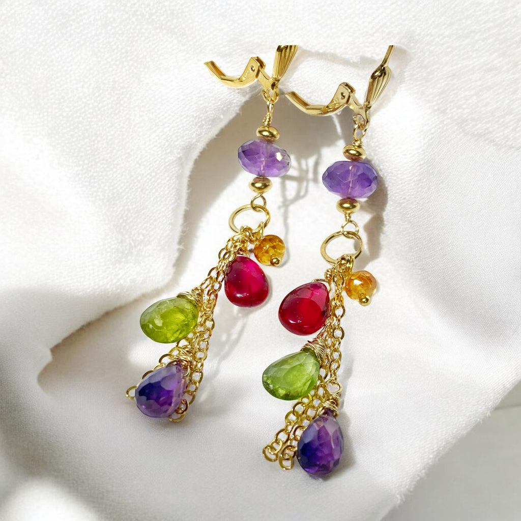 Gemstone Long Chain Dangle Earrings, Amethyst, Rubellite, Peridot, Gold Fill