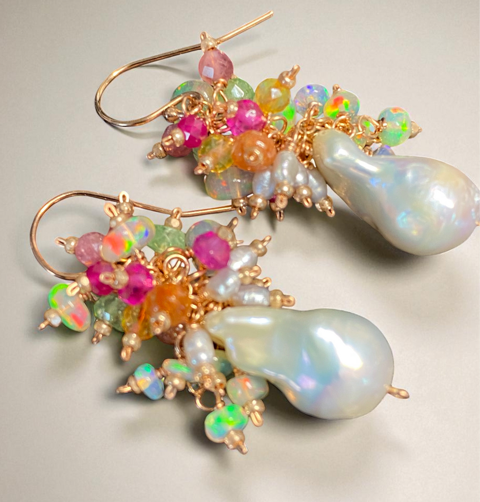 White Flameball Pearl Multicolor Gemstone Cluster Earrings Rose Gold Fill