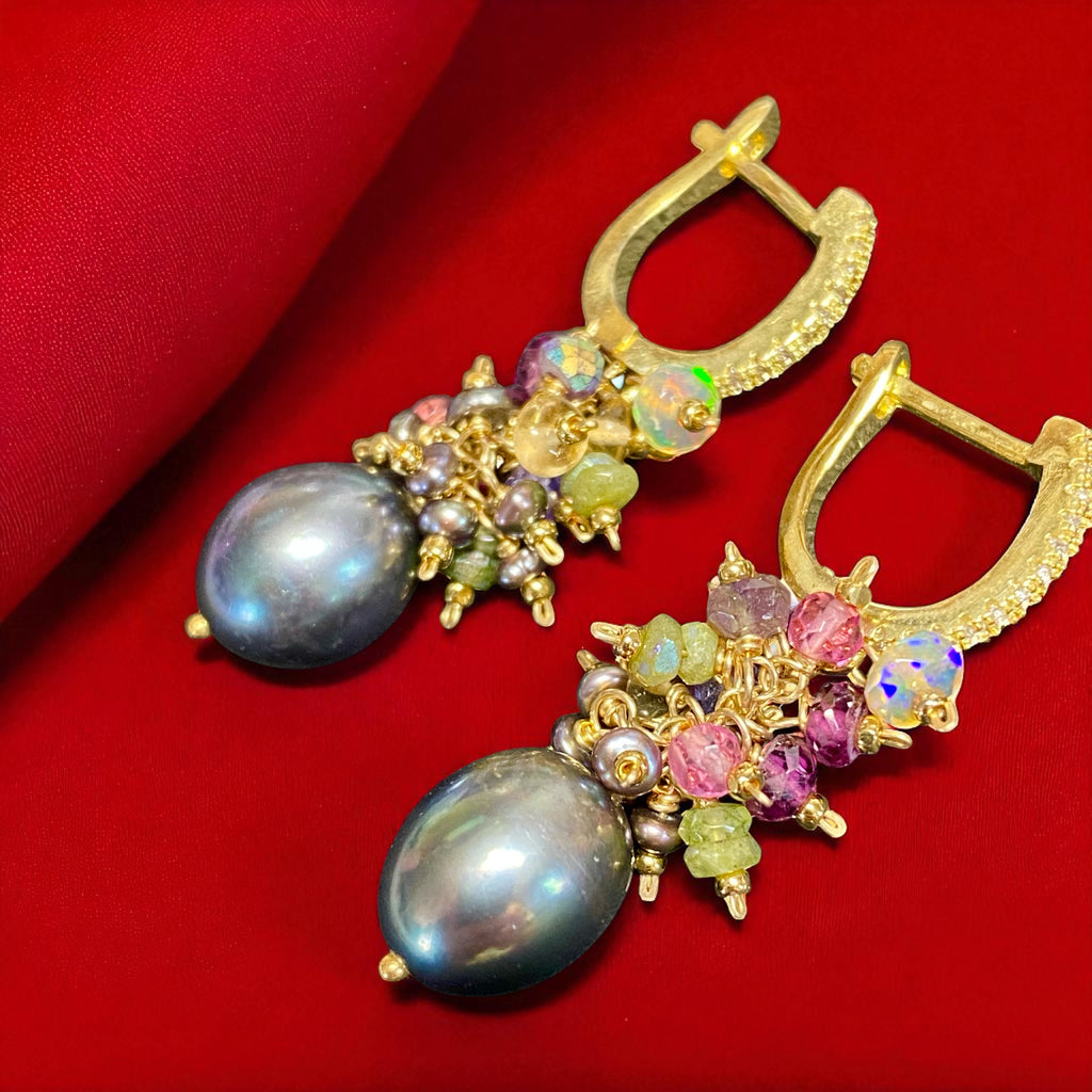 Grey Pearl Earrings with Colorful Gemstone Clusters in Sterling Silver