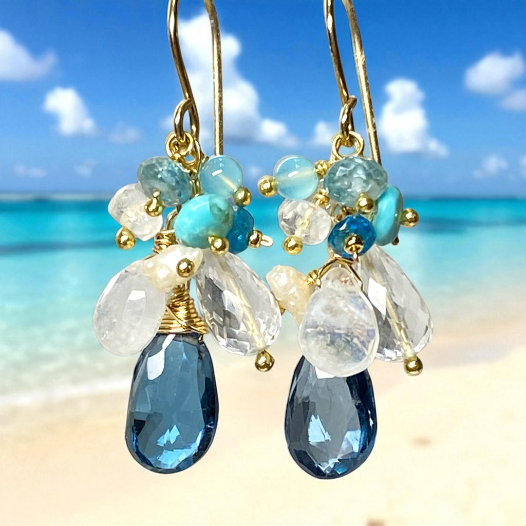 London Blue Topaz, Moonstone, Crystal Quartz Dangle Earrings, Gold Fill