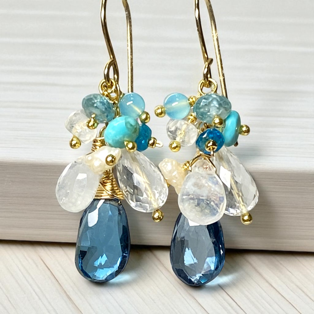 London Blue Topaz, Moonstone, Crystal Quartz Dangle Earrings, Gold Fill