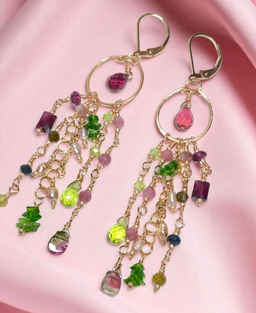 Rubellite Tourmaline Multicolor Gemstone Long Boho Dangle Earrings Rose Gold