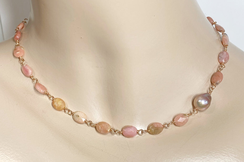 Pink Peruvian Opal, Pearl and Rose Gold Wire Wrapped Necklace