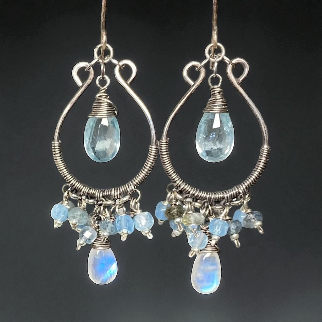 Aquamarine Oxidized Sterling Silver Hoop Chandelier Earrings