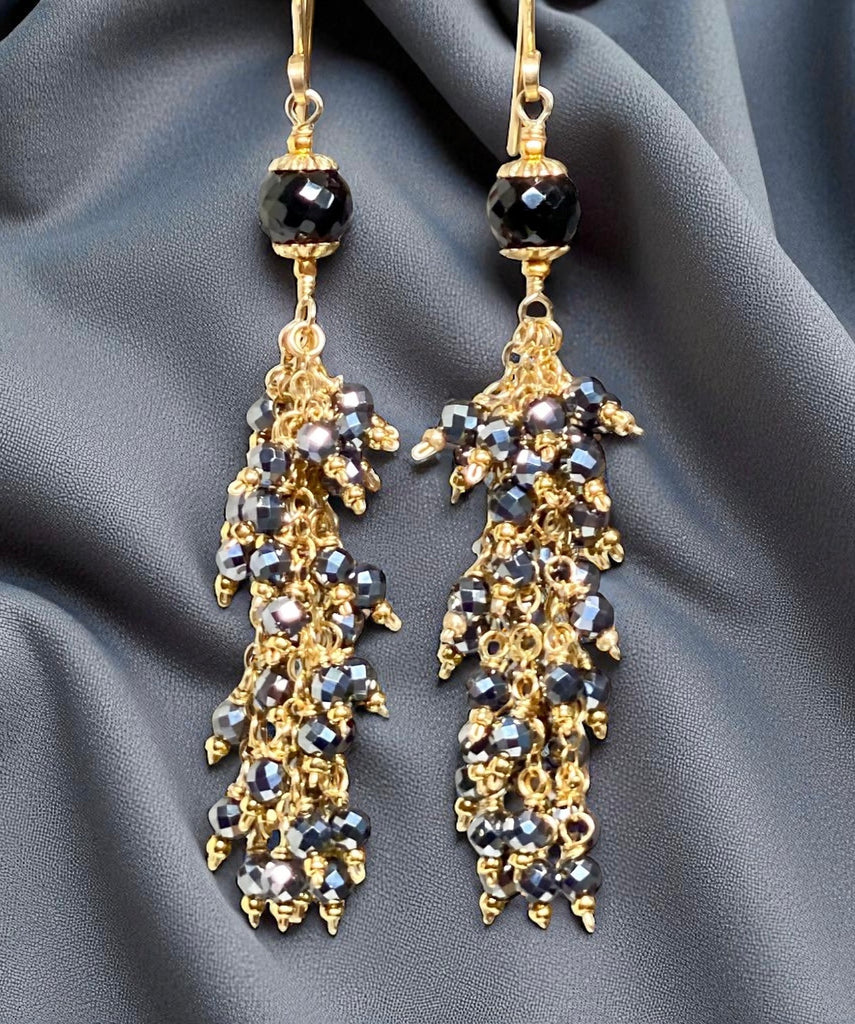 Sparkly Long Black Tassel Earrings Gold Fill
