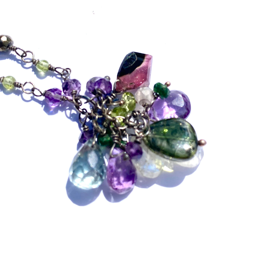 Amethyst, Tourmaline Gem Cluster Pendant Necklace, Rosary Style, Oxidized Silver