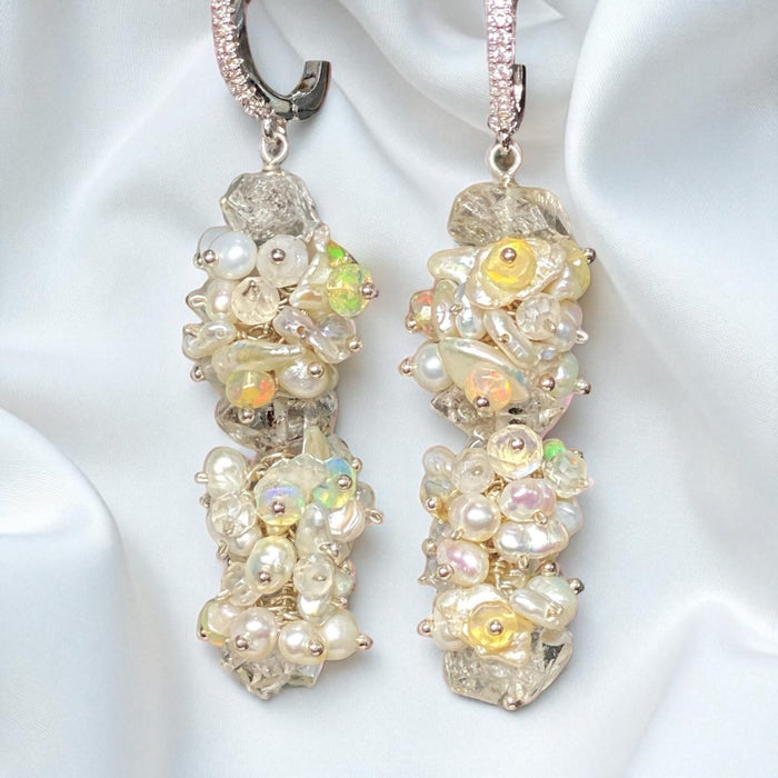 Herkimer Diamond Welo Ethiopian Opal Cluster Earrings Sterling Silver