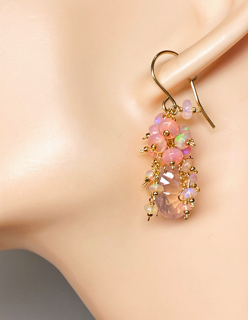 Pink Opal Cluster Earrings Rose Quartz Concave Cut Briolette Earrings Gold