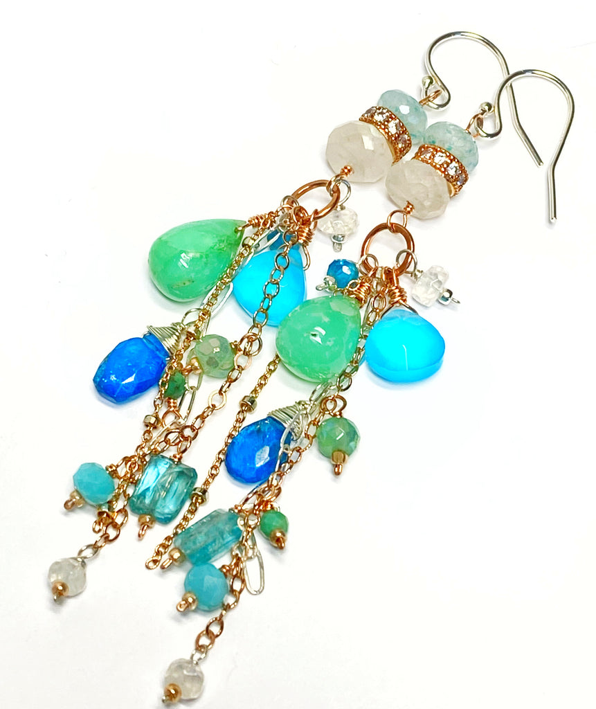 Rose Gold Long Boho Dangle Earrings Mixed Metal with Chrysoprase, Blue Chalcedony and Moonstone