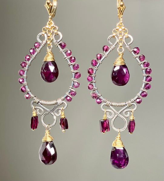 Gold-filled Garnet Chandelier Earrings Handmade by Bonet retailer Jewelry