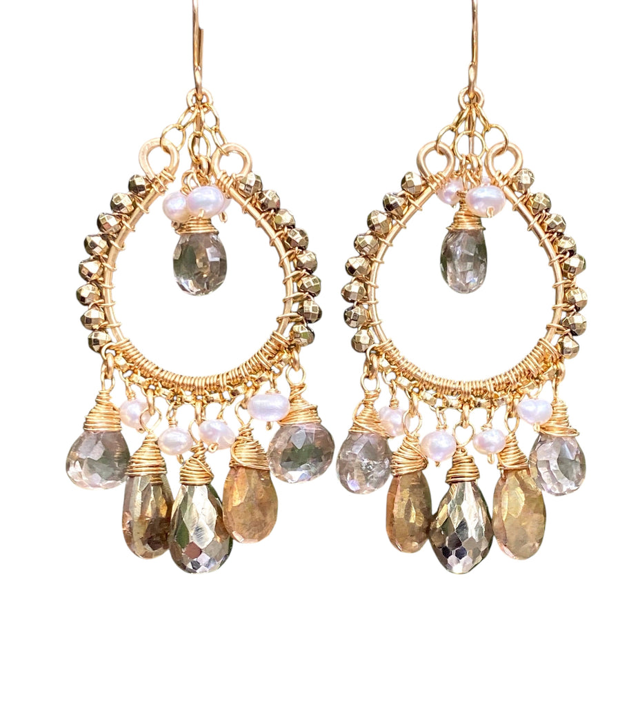 Gold Hoop Earrings with Pyrite, Gold Labradorite, Smokey Quartz Post Style