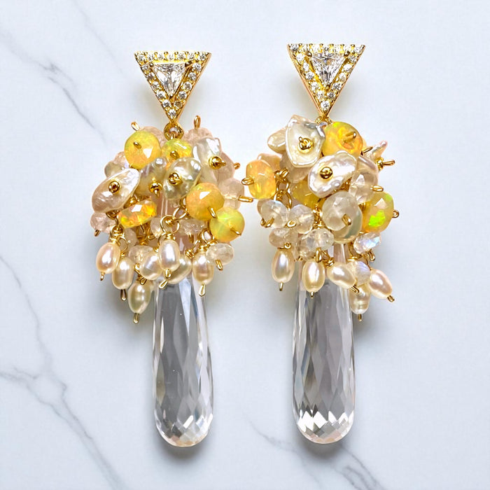 Crystal Quartz Opal and Moonstone Cluster Earrings Gold Post