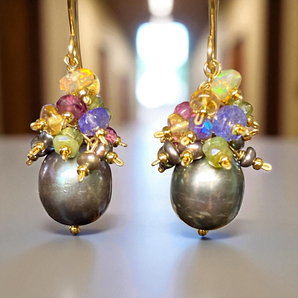 Gray Pearl Earrings with Gemstone Clusters in 14 kt Gold Fill