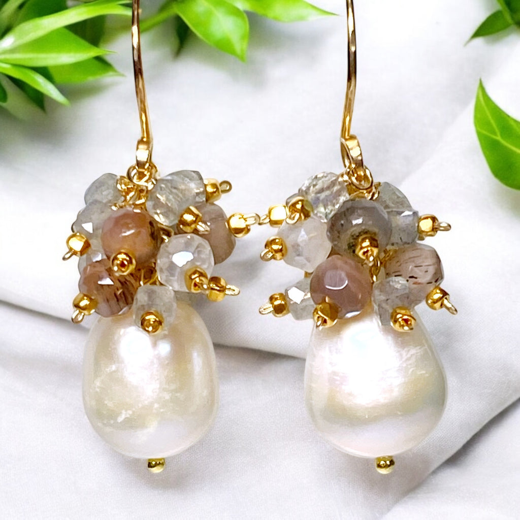 Pearl Cluster Earrings with Labradorite, Chocolate Moonstone Gold Fill or Sterling Silver