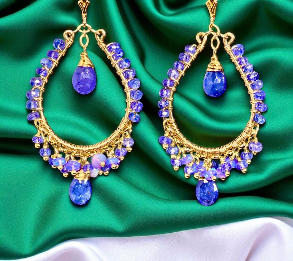 Tanzanite and Opal Hoop Earrings in Gold Fill
